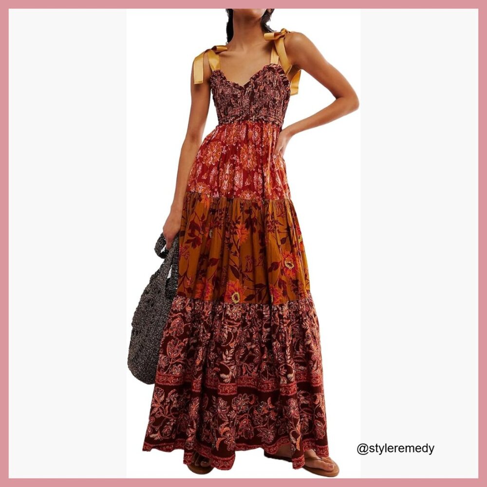 Polyester Maxi Dress with Smocked Bodice and Tie Shoulder Straps